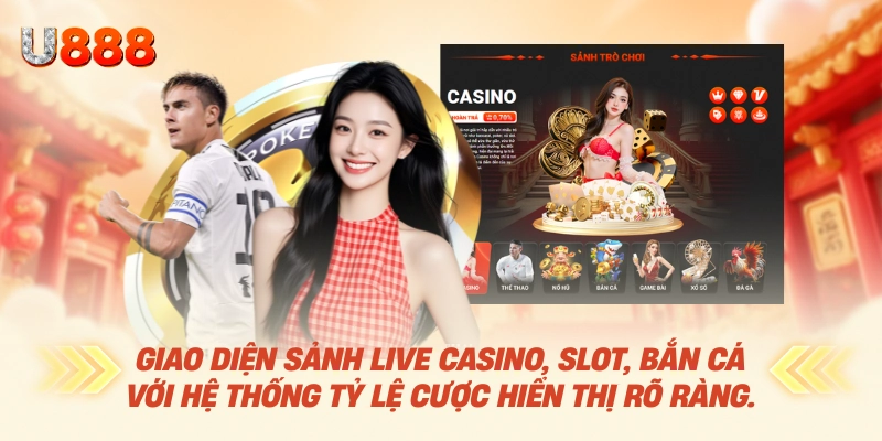 Giao diện sảnh Live Casino, slot, bắn cá với hệ thống tỷ lệ cược hiển thị rõ ràng.